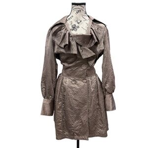 Metallic Taupe Crinkled Ruffle Collar Trench Coat